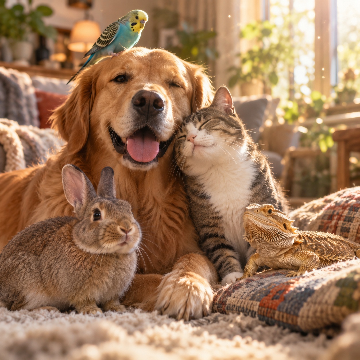 Een hond en kat rusten samen in warm daglicht